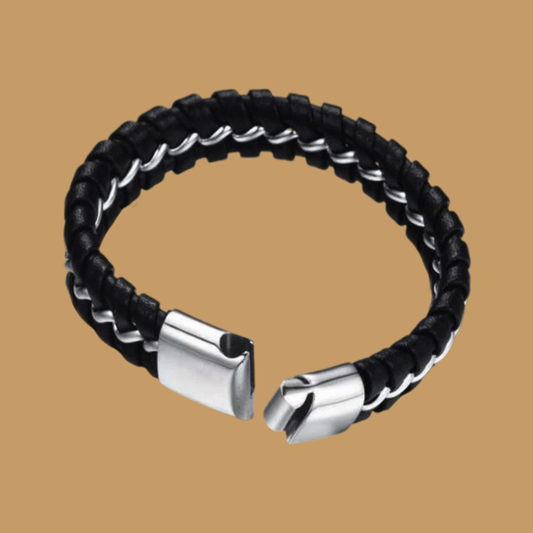 Black Premium Leather Bracelet with Stainless Steel