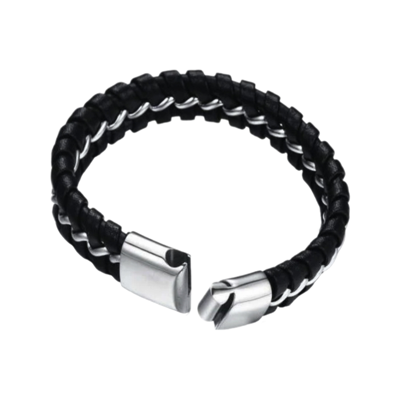 Black Premium Leather Bracelet with Stainless Steel