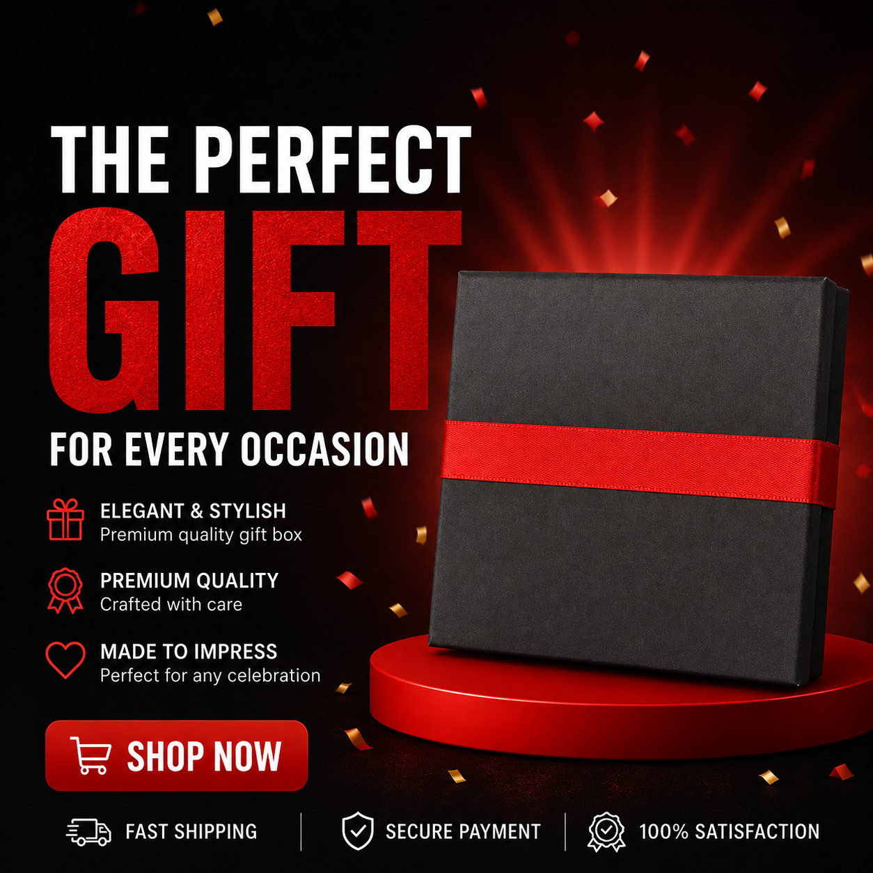 Black gift box with a red ribbon on a dark background with promotional text and graphics.