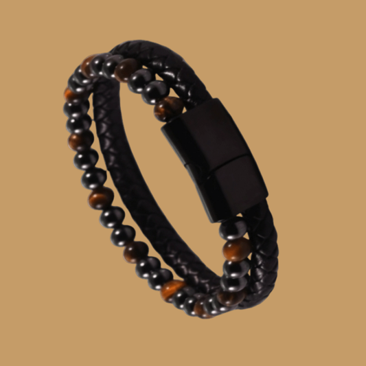 Tiger Eye Stone and Magnetic Hematite Leather Bracelet