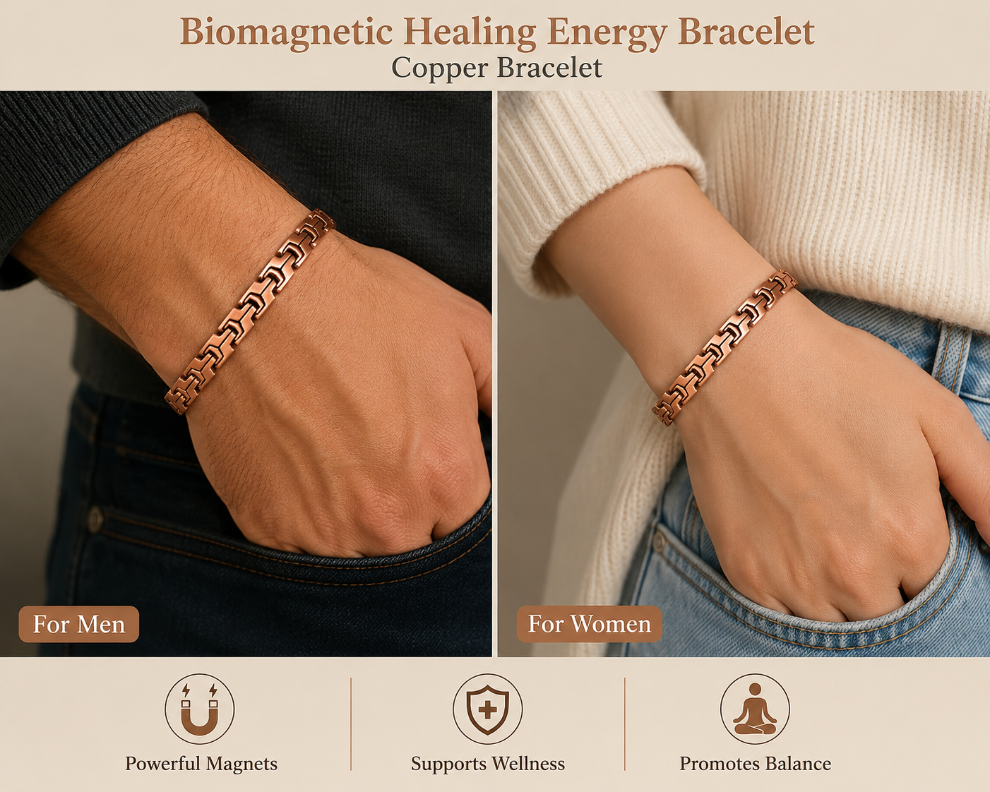 Mens, Women Pure Copper Magnetic Bracelet With Negative Ion Energy