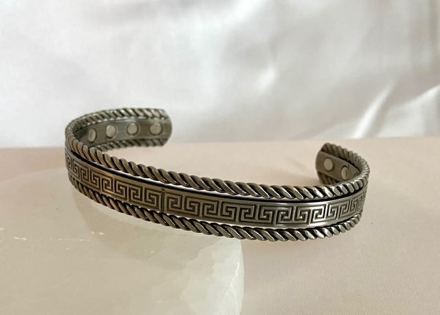Pure Copper Gunmetal Grey Magnetic Therapy Bracelet Greek Key Design