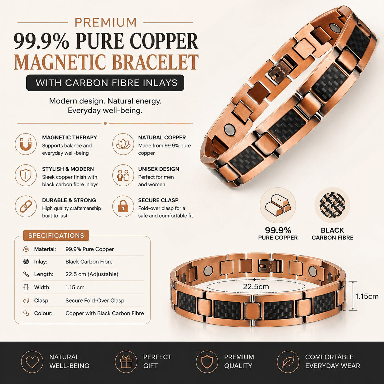 Premium 99.9%Pure Copper Magnetic Bracelet with Carbon Fibre Inlays