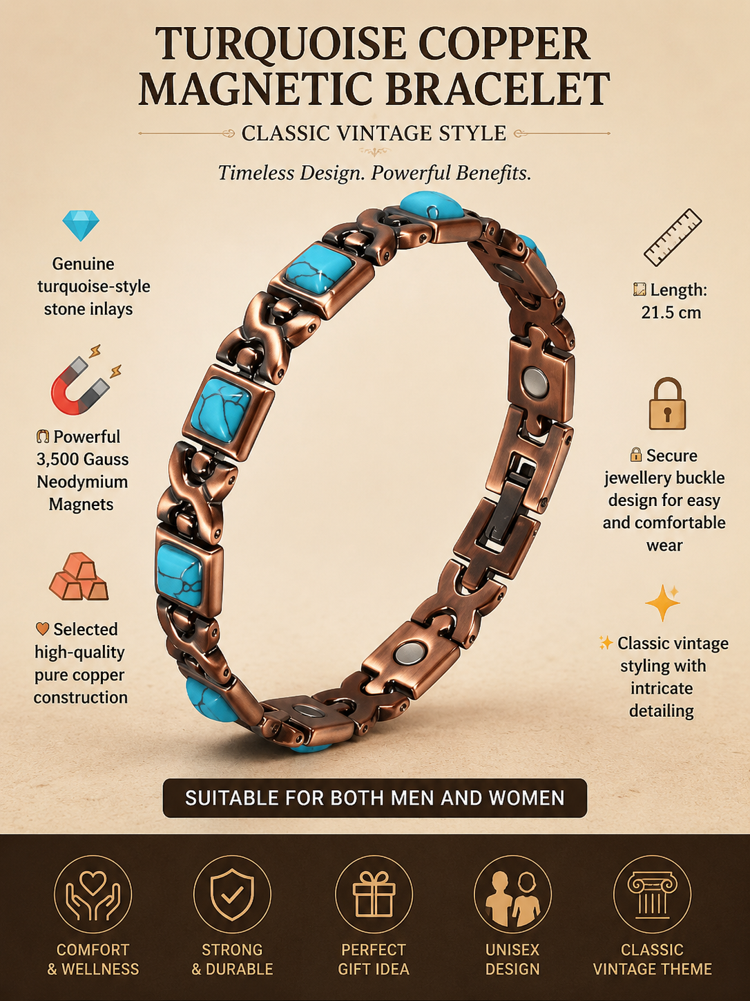 Turquoise Copper Magnetic Bracelet Vintage Healing with Neodymium Magnets Comes with FREE Gift Box