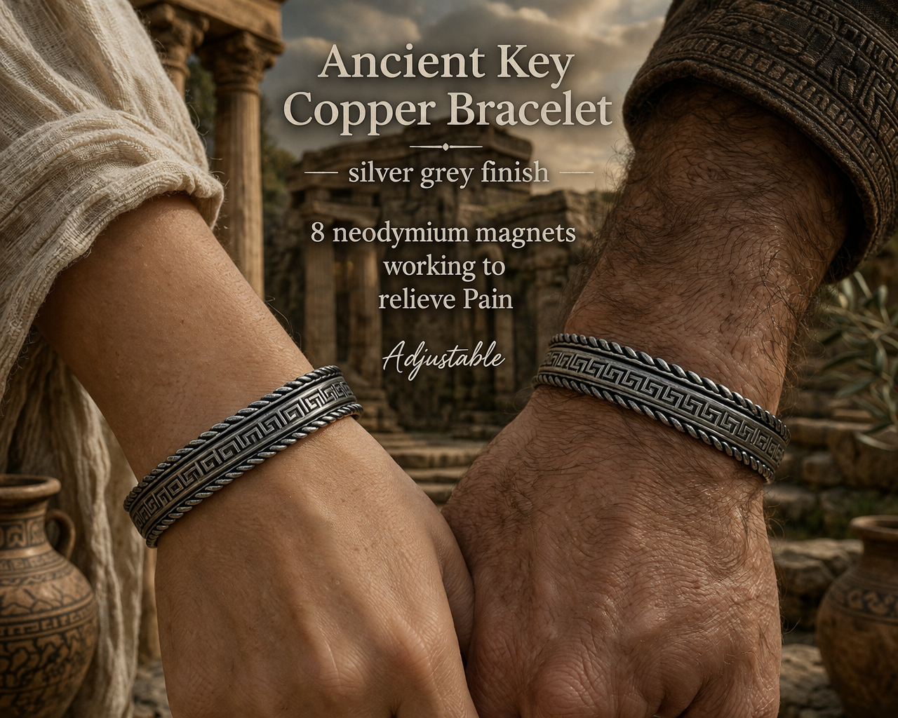 Copper Therapy Silver Grey Magnetic Bracelet Ancient Protection Symbol