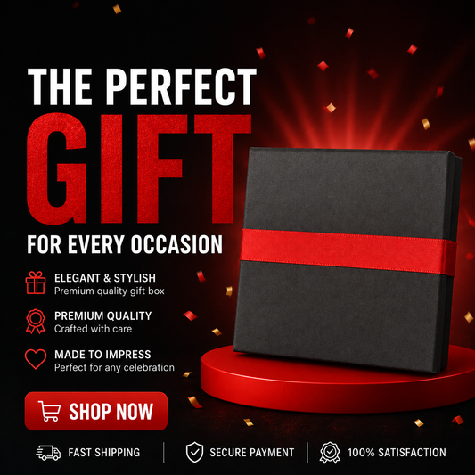 Black gift box with a red ribbon on a dark background with promotional text and graphics.