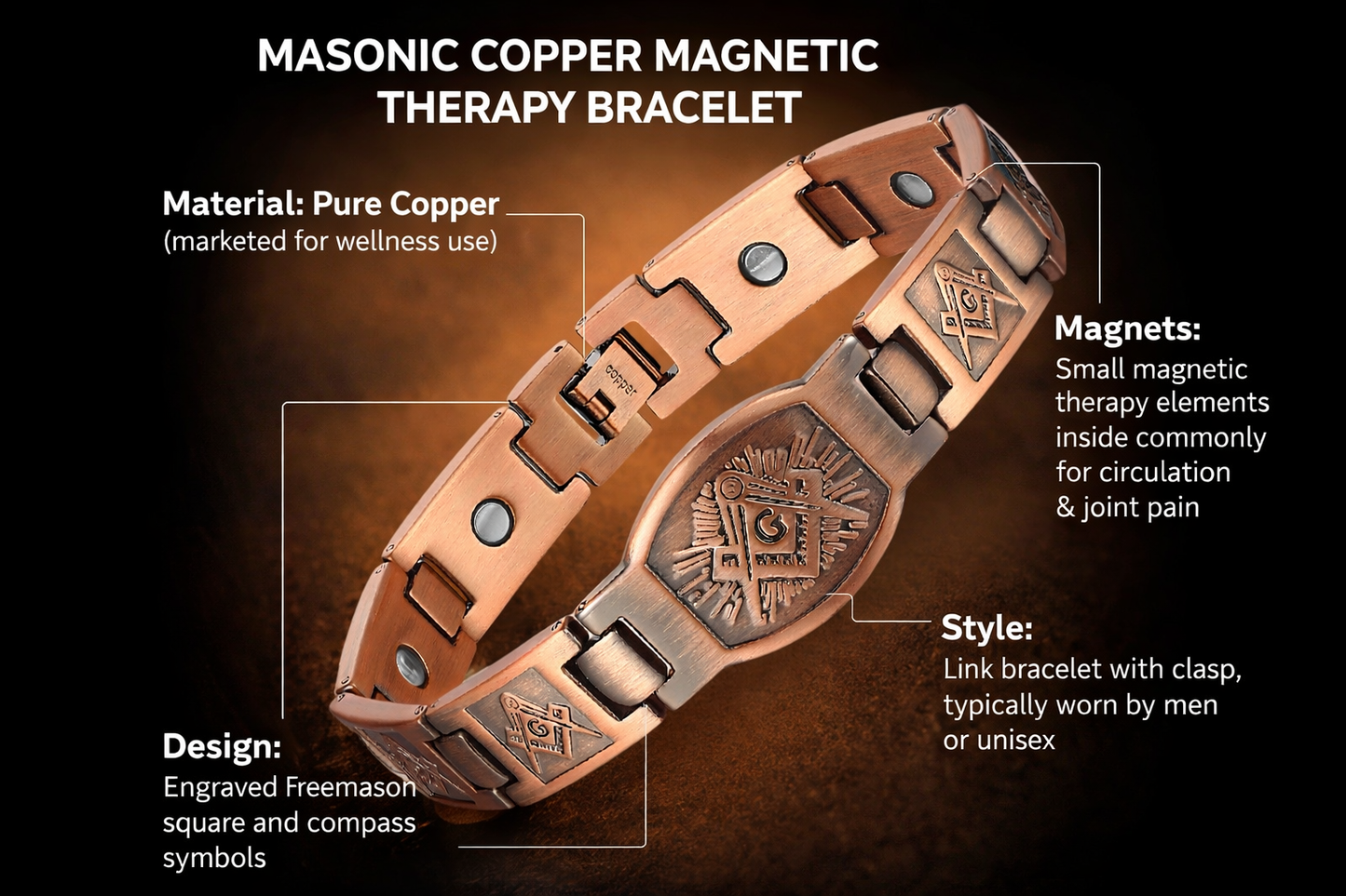 Pure COPPER Magnetic Bracelet Arthritis Pain Therapy Energy - Masonic Theme