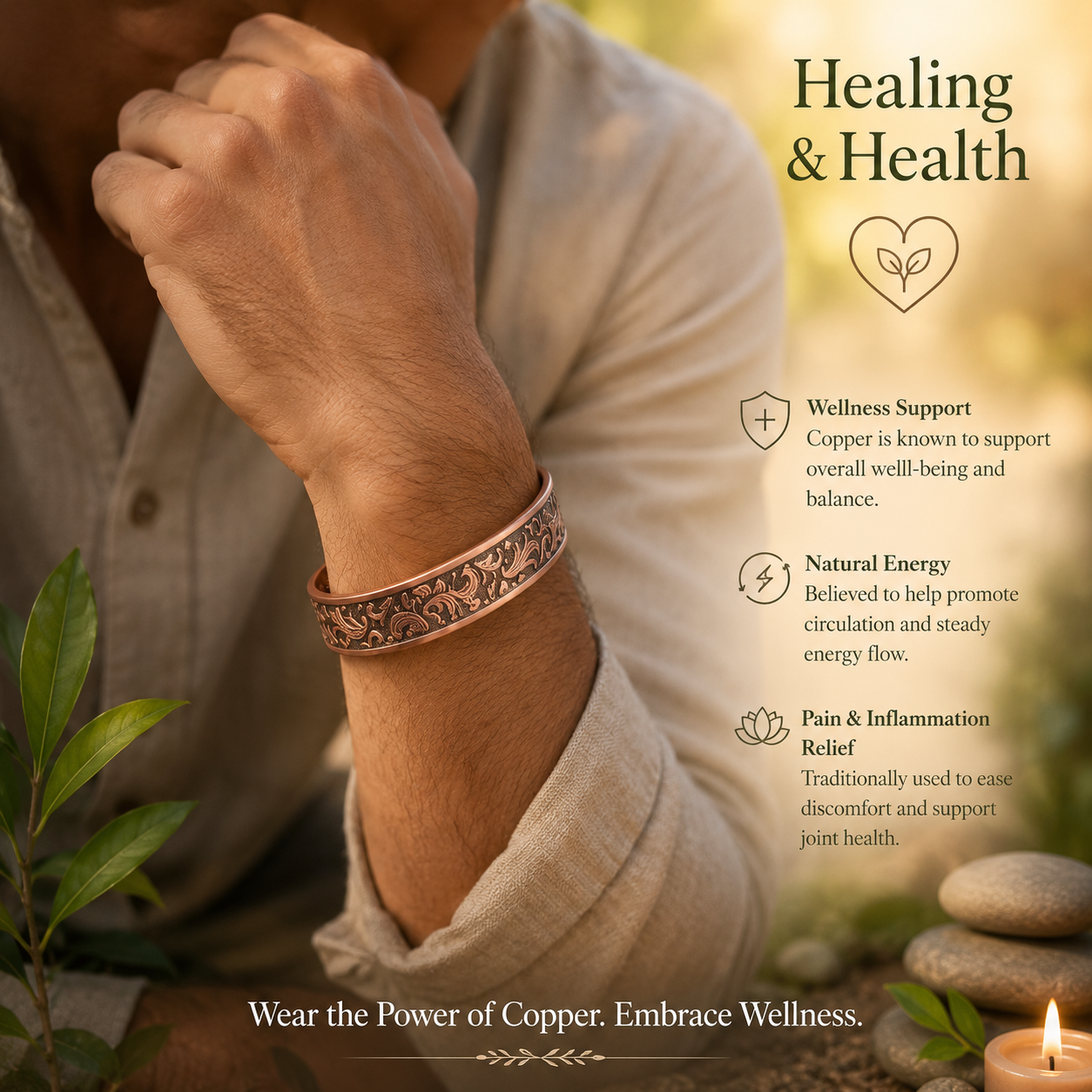 Pure copper Adjustable cuff Bracelet 6 Healing Magnets