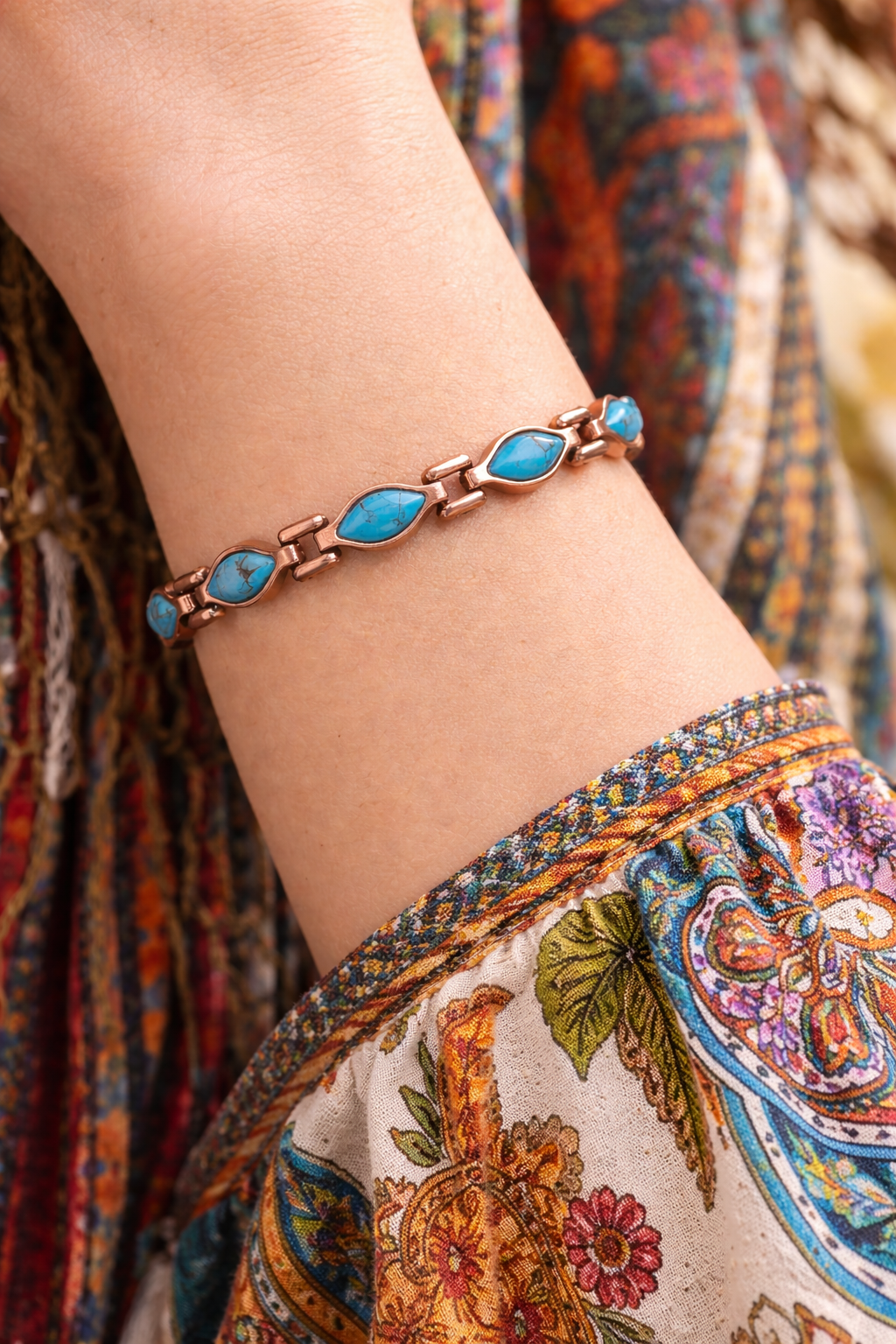 Pure Copper Bracelet / Anklet for Women, Blue Turquoise Magnetic Bracelet Jewelry 3500 Gauss Magnet