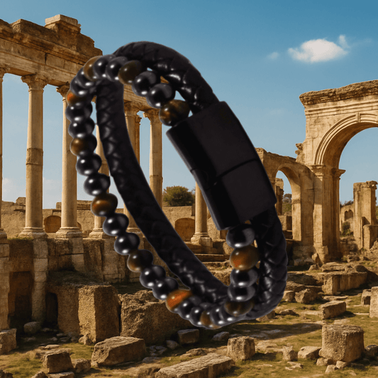 Tiger Eye Stone and Magnetic Hematite Leather Bracelet