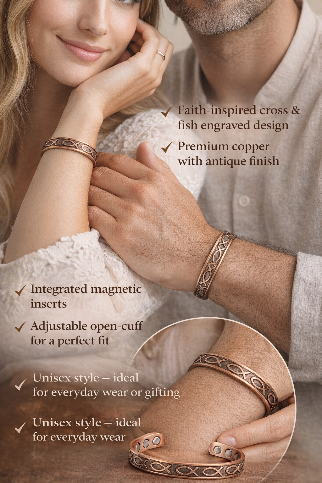 Faith inspired cross and fish design cuff bracelet