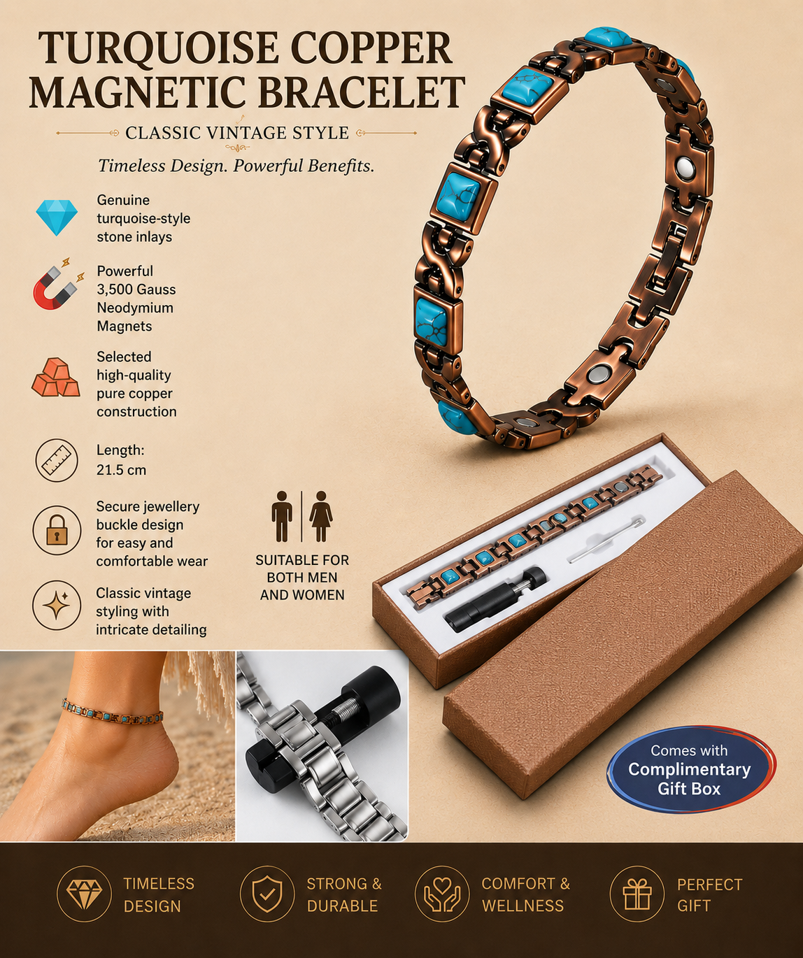 Turquoise Copper Magnetic Bracelet Vintage Healing with Neodymium Magnets Comes with FREE Gift Box