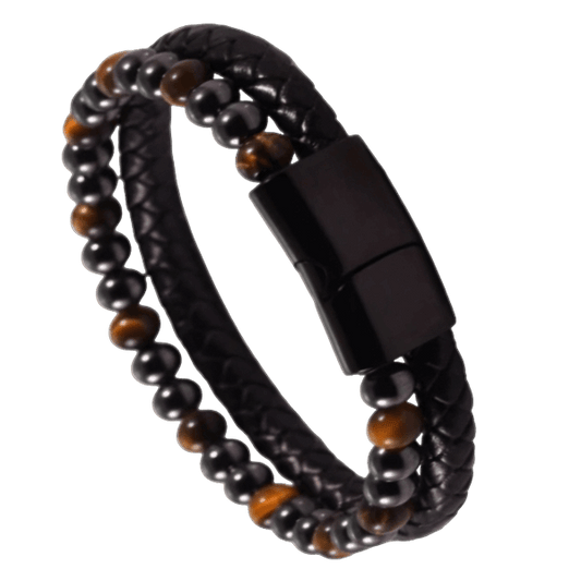 Tiger Eye Stone and Magnetic Hematite Leather Bracelet