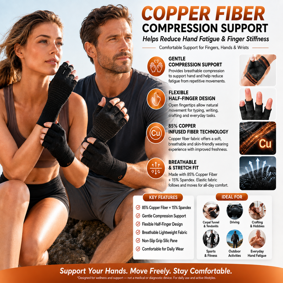 Copper Fibre Half-Finger Compression Gloves