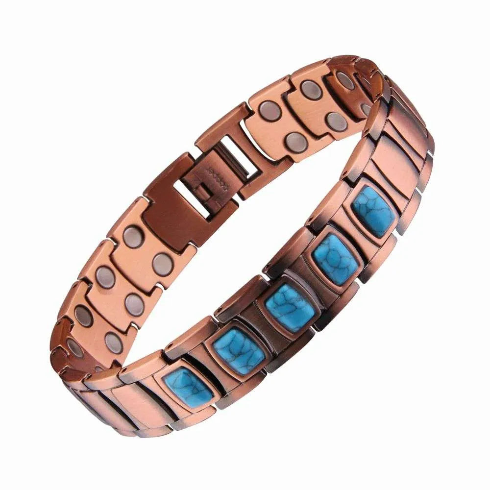 Turquoise Blue Pure Copper Dual Row Magnetic Bracelet 21.5cm