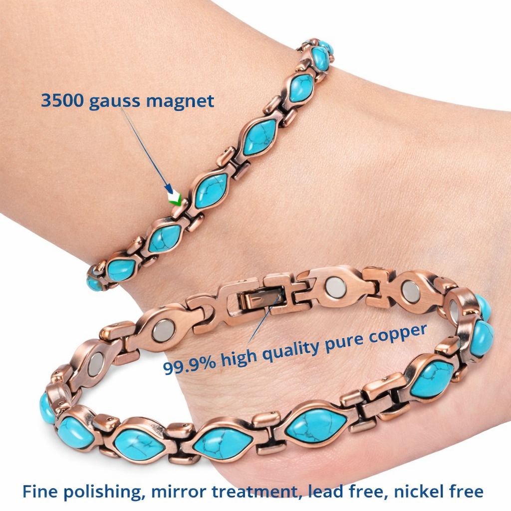 Pure Copper Bracelet / Anklet for Women, Blue Turquoise Magnetic Bracelet Jewelry 3500 Gauss Magnet