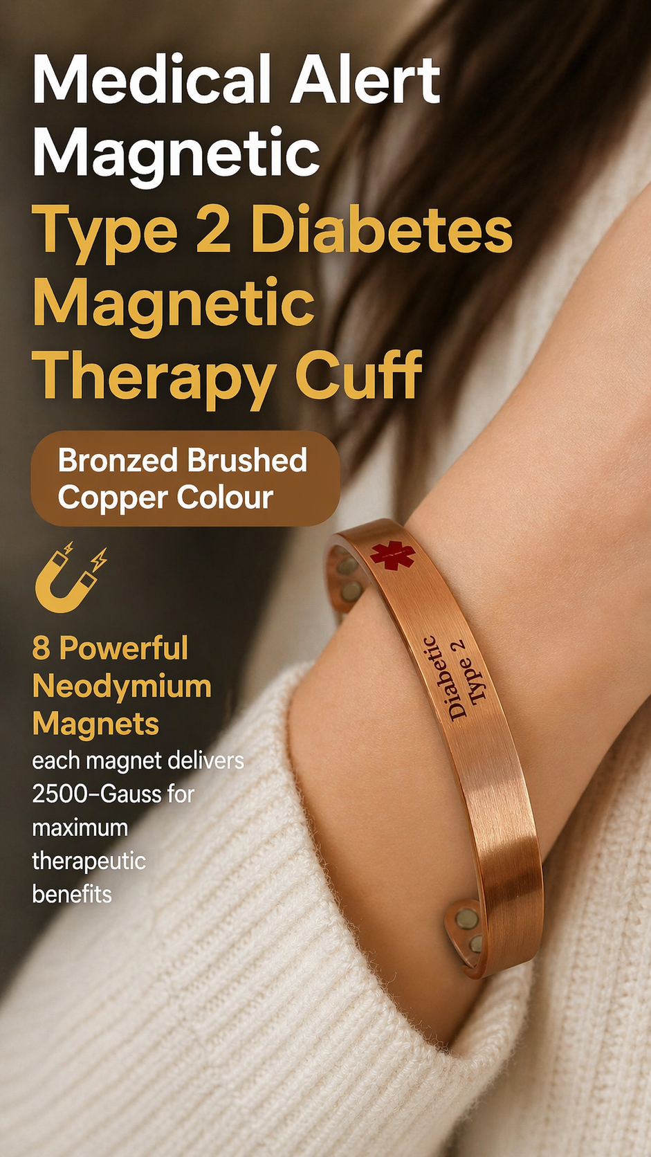 Bronzed Copper Medical Alert Magnetic Bracelet - DIABETIC 2