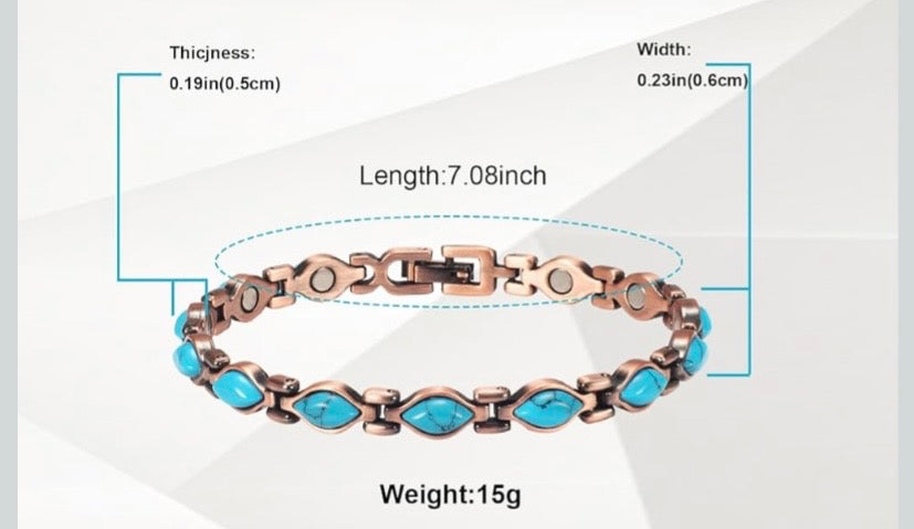 Pure Copper Bracelet / Anklet for Women, Blue Turquoise Magnetic Bracelet Jewelry 3500 Gauss Magnet