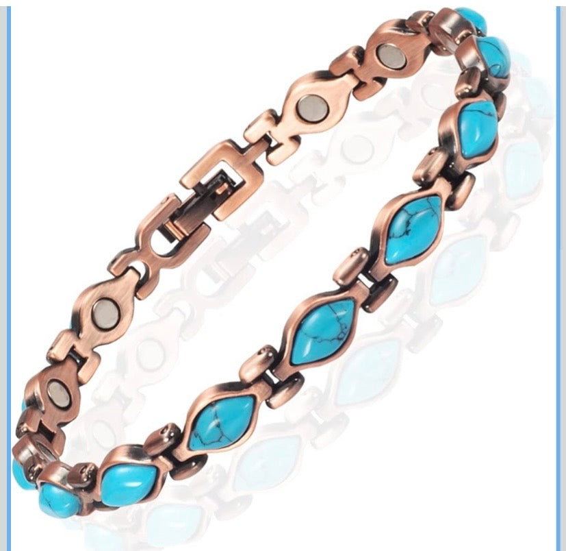 Pure Copper Bracelet / Anklet for Women, Blue Turquoise Magnetic Bracelet Jewelry 3500 Gauss Magnet
