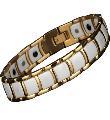 Magnetic Therapy  White Ceramic & Gold Trim Bracelet 4 in 1 Element- Weight 42g