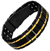 Men's Magnetic Therapy Bracelet Black with Gold Trim 3 Row Magnets