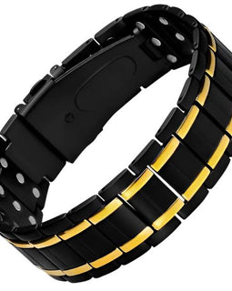 Men's Magnetic Therapy Bracelet Black with Gold Trim 3 Row Magnets