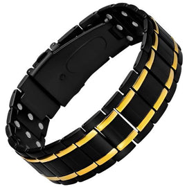 Men's Magnetic Therapy Bracelet Black with Gold Trim 3 Row Magnets