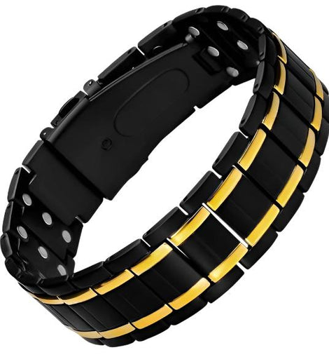 Men's Magnetic Therapy Bracelet Black with Gold Trim 3 Row Magnets