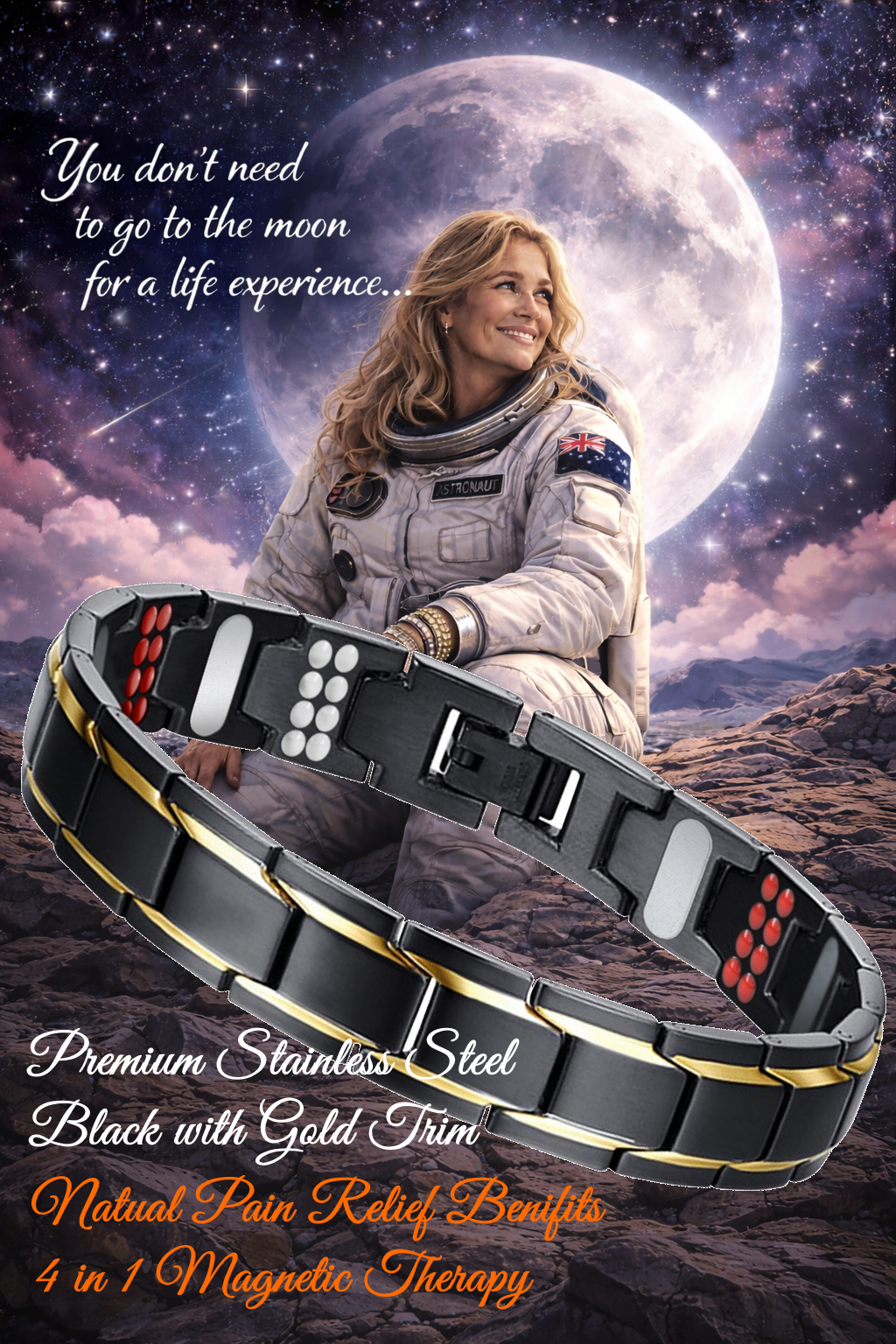 Premium Hand Crafted 4 in 1 Magnetic Therapy Bracelet - Black & Gold