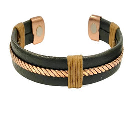 Men's Leather Style Magnetic Therapy Cuff Bracelet with Copper Trim