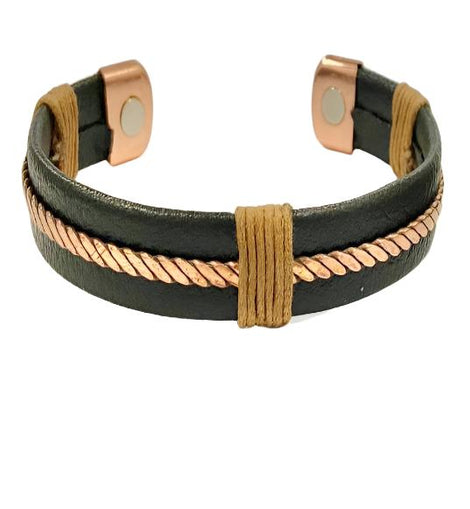 Men's Leather Style Magnetic Therapy Cuff Bracelet with Copper Trim