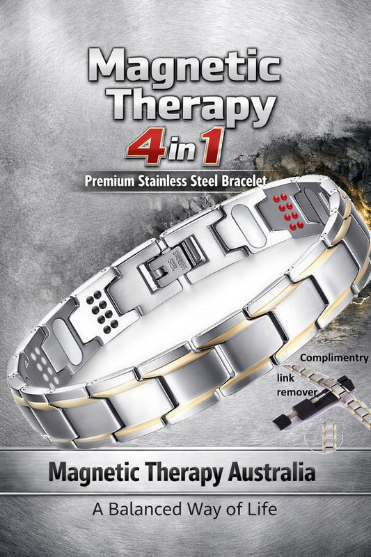 Premium Stainless Steel 4 in 1 Magnetic Therapy Bracelet - Silver gold trim