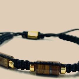 Tiger Eye Natural Gem Stone Cord Bracelet - Gold Plated Trim