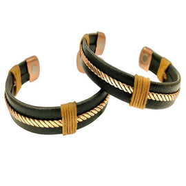 Men's Leather Style Magnetic Therapy Cuff Bracelet with Copper Trim