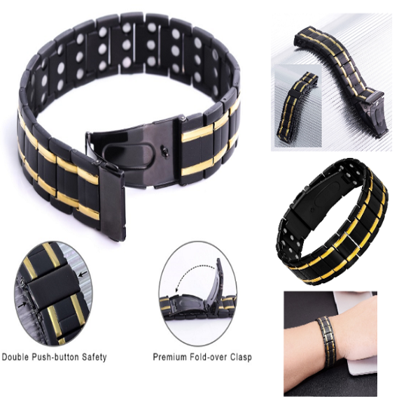 Black & Gold Stainless Steel 3 Row Magnetic Bracelet