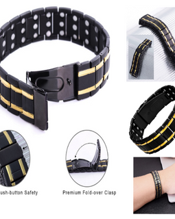 Men's Magnetic Therapy Bracelet Black with Gold Trim 3 Row Magnets