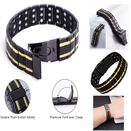 Men's Magnetic Therapy Bracelet Black with Gold Trim 3 Row Magnets