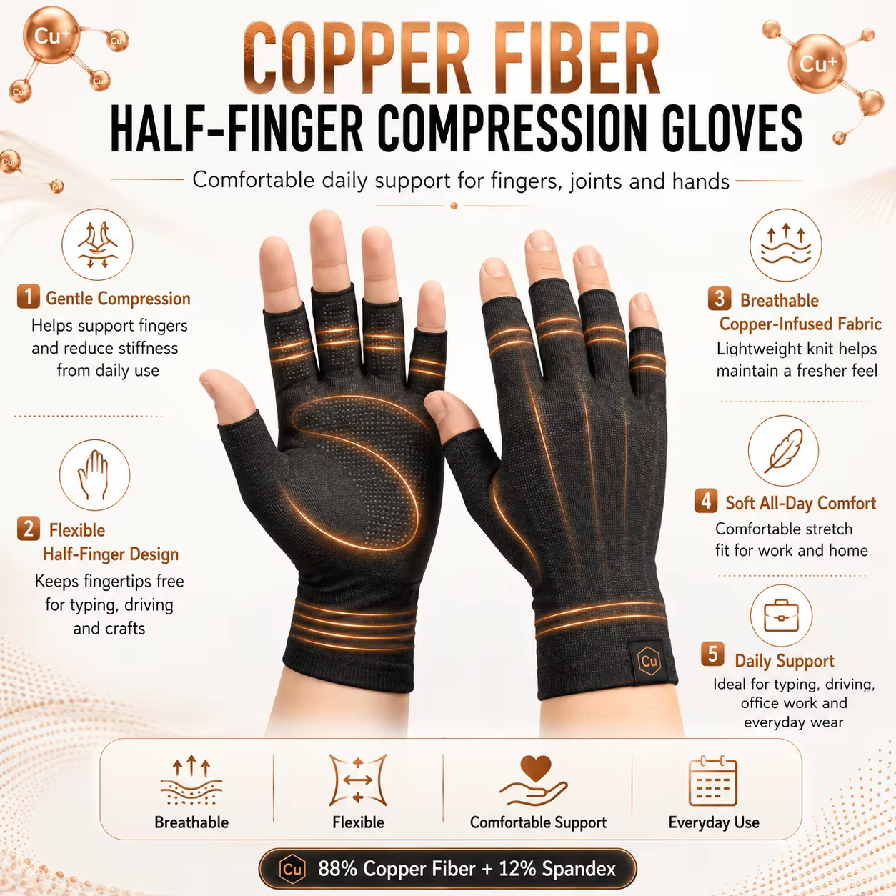 Copper Fibre Half-Finger Compression Gloves