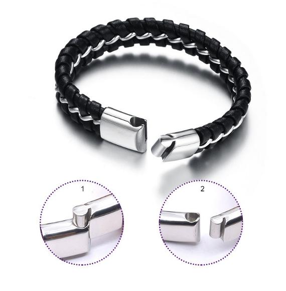 Men's Black Premium Leather Bracelet with Stainless Steel