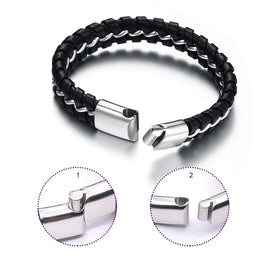 Men's Black Premium Leather Bracelet with Stainless Steel L22cm