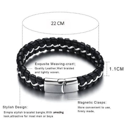 Men's Black Premium Leather Bracelet with Stainless Steel