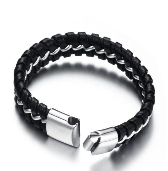 Men's Black Premium Leather Bracelet with Stainless Steel