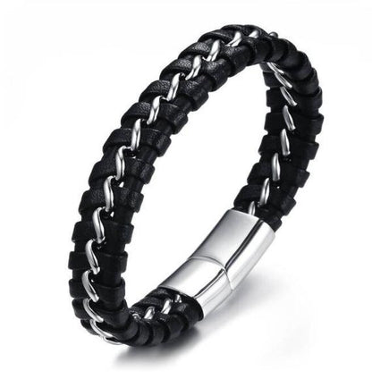 Men's Black Premium Leather Bracelet with Stainless Steel