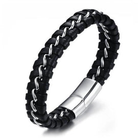 Men's Black Premium Leather Bracelet with Stainless Steel L22cm