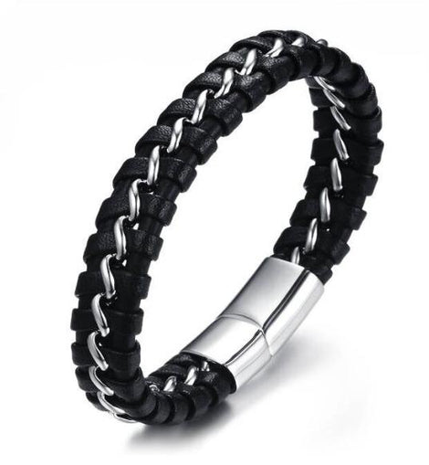 Men's Black Premium Leather Bracelet with Stainless Steel L22cm