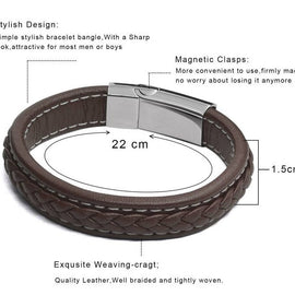 Mens Premium Brown Leather with White Stitch Bracelet - L22cm