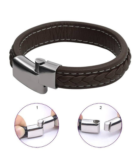 Mens Premium Brown Leather with White Stitch Bracelet - L22cm