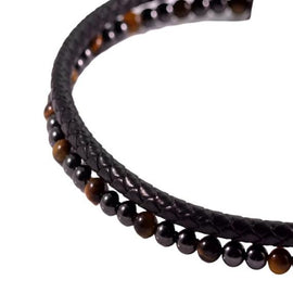 Double Bracelet Magnetic Hematite with Leather and Tiger Eye Stone