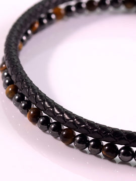 Double Bracelet Magnetic Hematite with Leather and Tiger Eye Stone