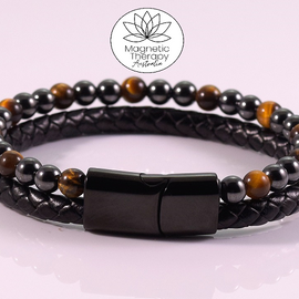 Double Bracelet Magnetic Hematite with Leather and Tiger Eye Stone